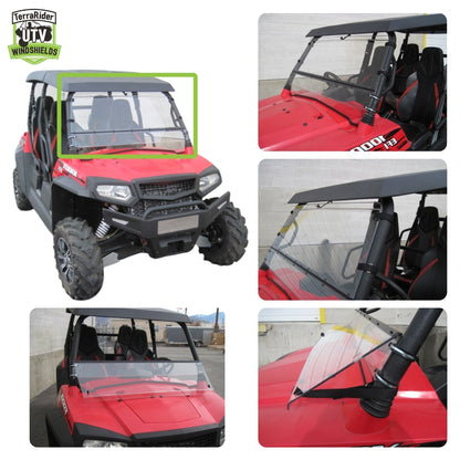 Close-up views of the Spire 1000 tilting windshield hinge and clamps and installed fit on the side-by-side roll cage with hard top. gallery-1