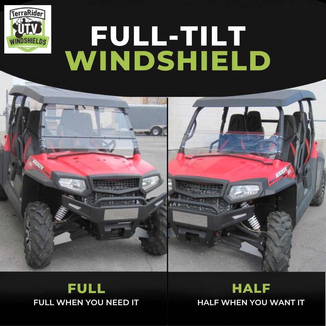 Full-tilt windshield shown in full upright position and half tilted position on a red Bennche Spire 1000
