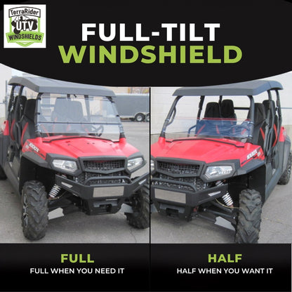 Full-tilt windshield shown in full upright position and half tilted position on a red Bennche Spire 1000