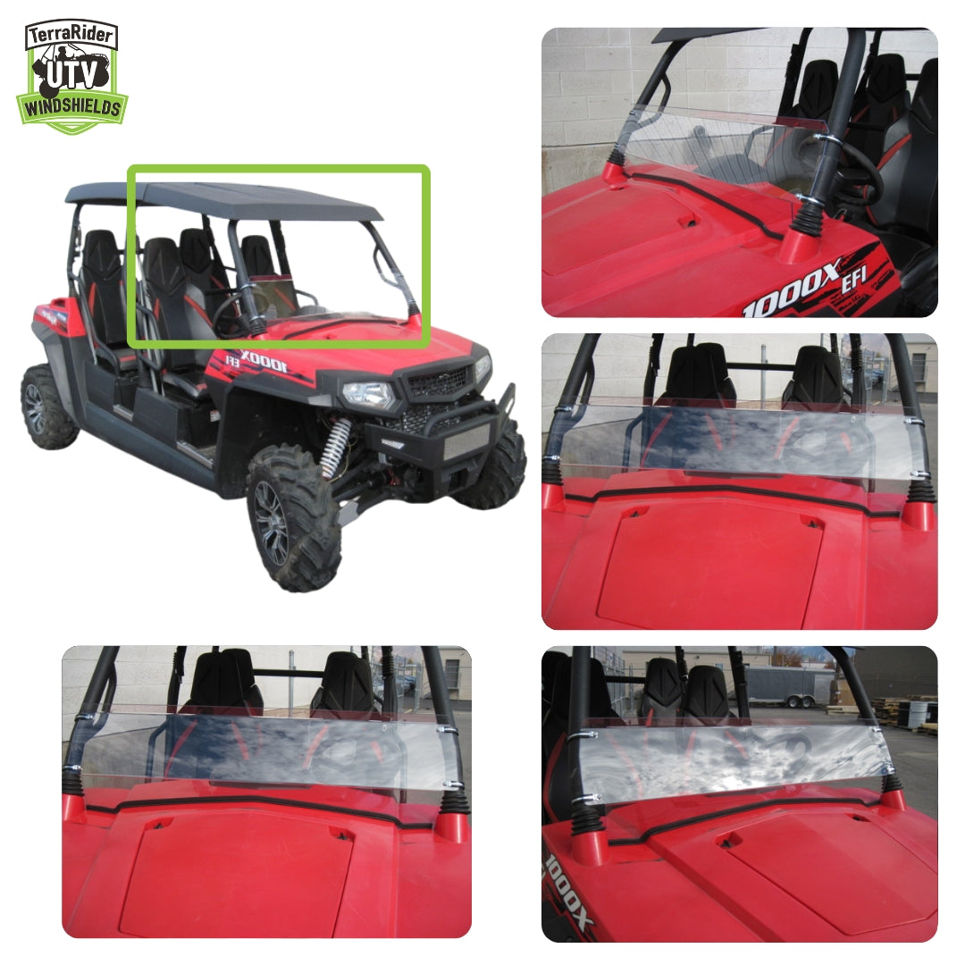 Close-up views of the Spire 1000 half windshield clamps and installed fit on the side-by-side roll cage