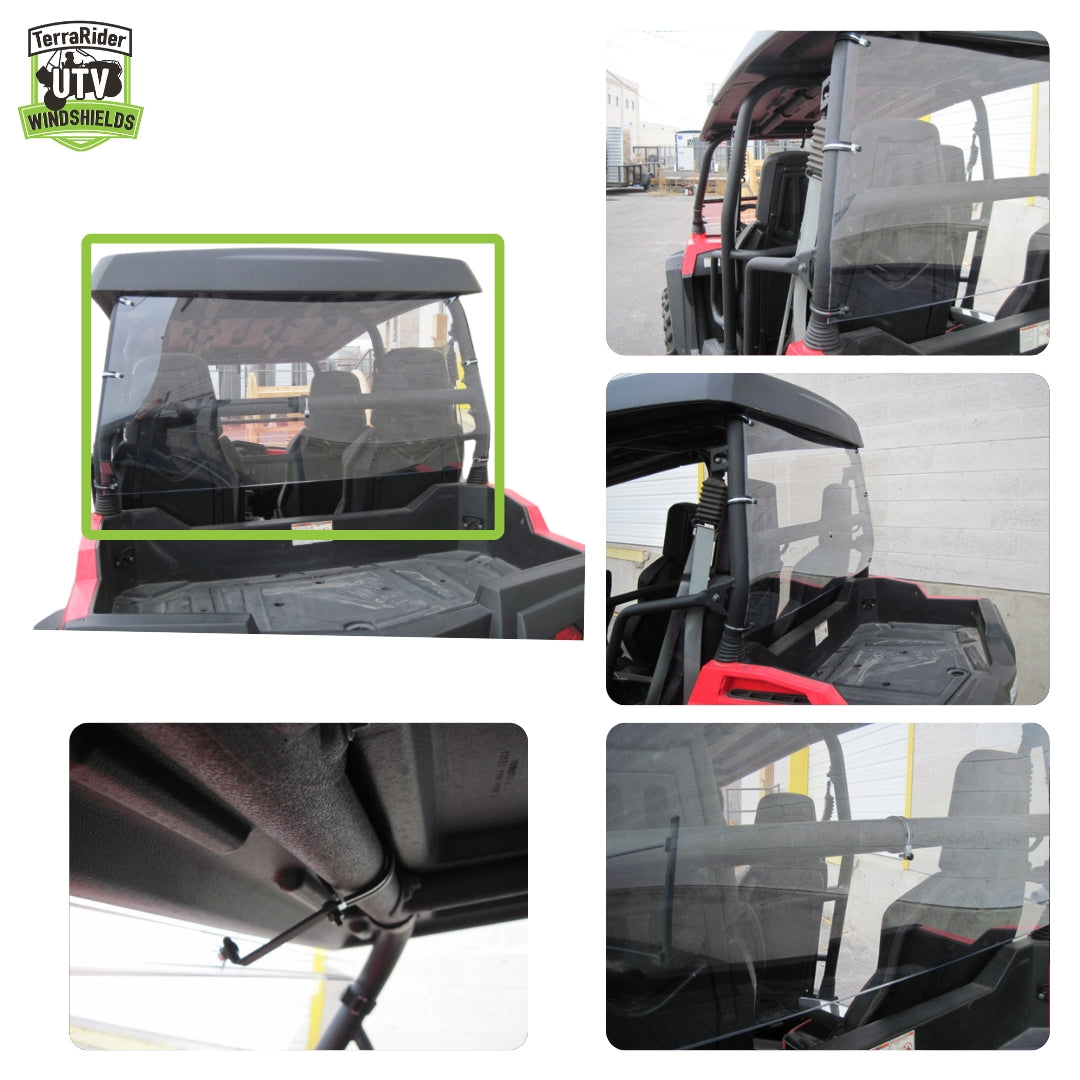 Close-up views of the Spire 1000X windshield clamps and installed fit across the back of the side-by-side cage