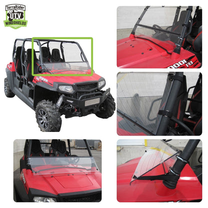 Close-up views of the Spire 1000 tilting windshield tilted open and latched against the side-by-side cage with no top. gallery-2