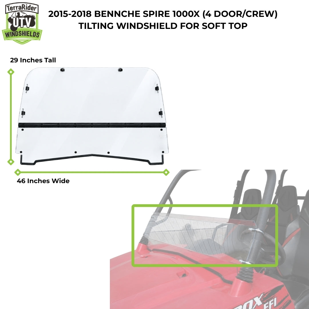 2015-2018 Bennche Spire 1000 tilting windshield dimensions for soft top, 29 inches tall by 46 inches wide. gallery-2