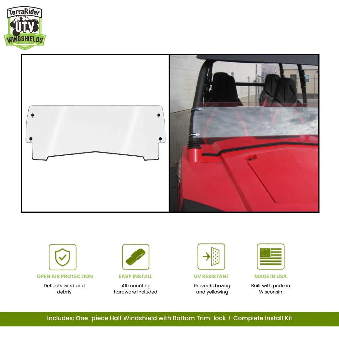 Bennche Spire 1000 one-piece half windshield with bottom trim-lock, shown installed on a red Spire