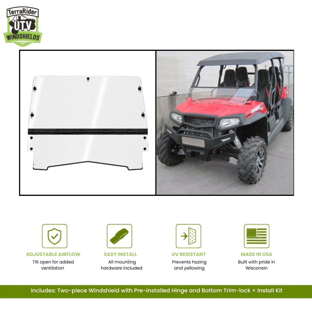 Bennche Spire 1000 two-piece tilting windshield with pre-installed hinge and bottom trim-lock, shown with hard top on a red Spire. gallery-1
