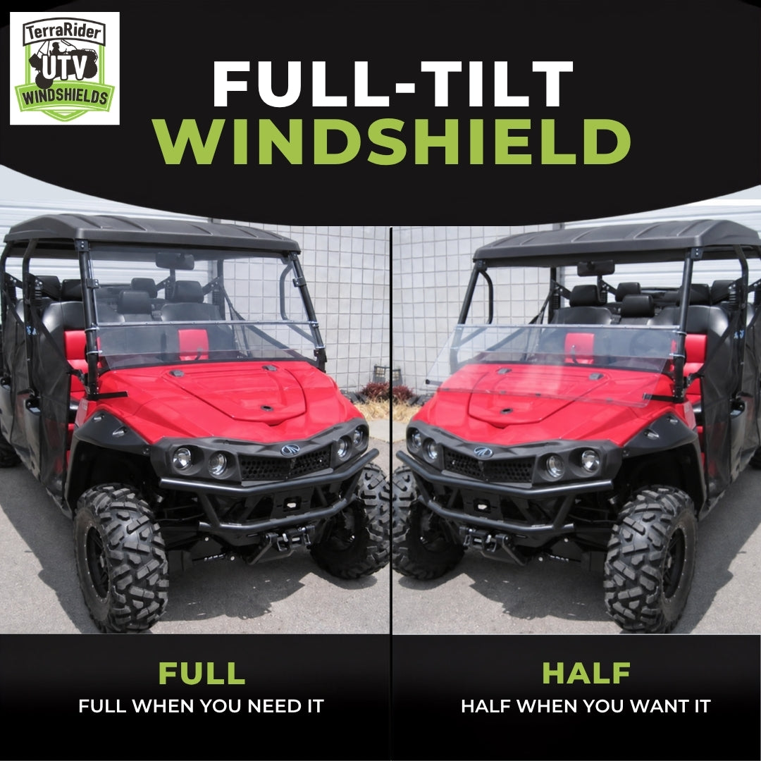 Full-tilt windshield shown in full upright position and half tilted position on a red Mahindra mPact XTV