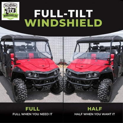 Full-tilt windshield shown in full upright position and half tilted position on a red Mahindra mPact XTV