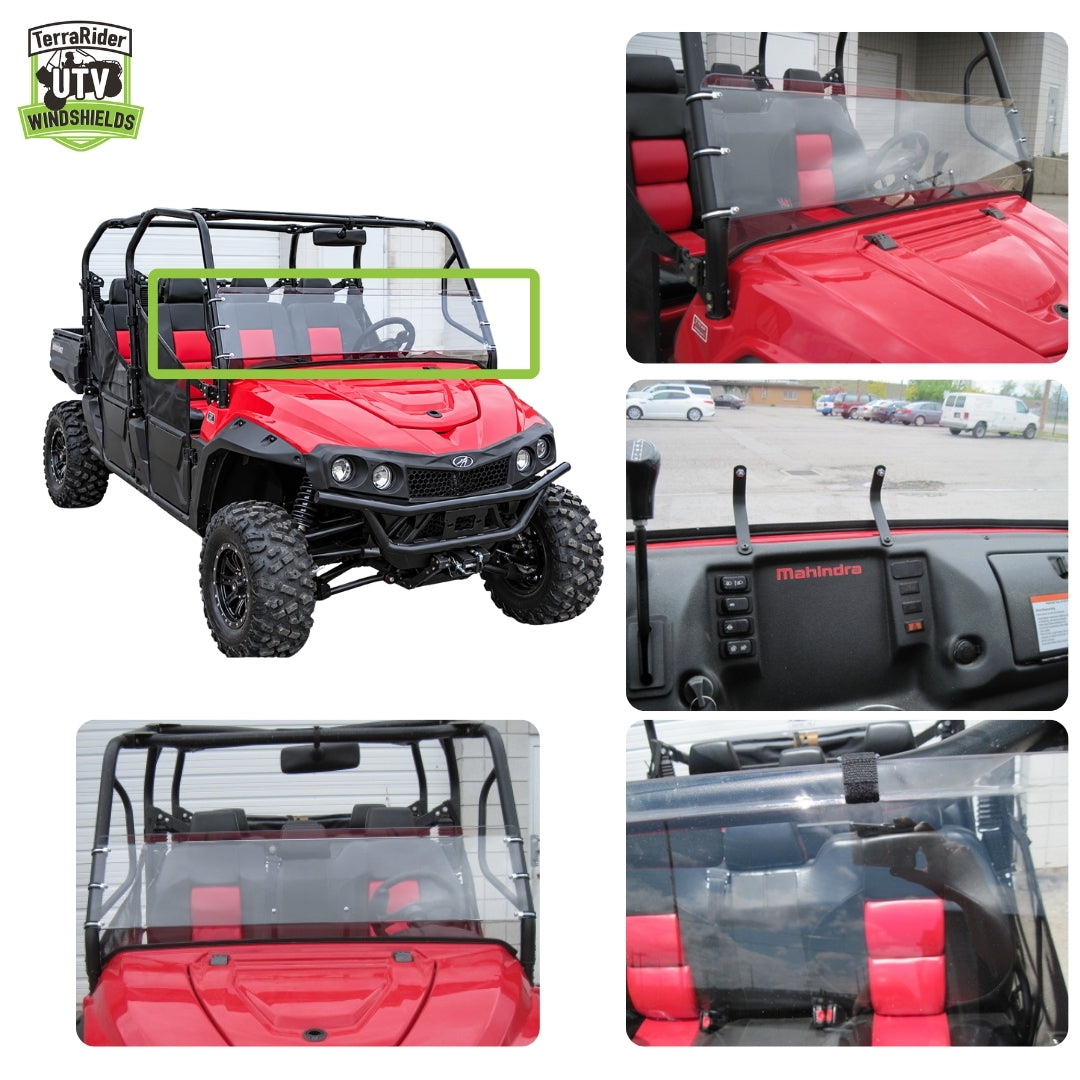 Close-up views of the mPACT XTV half windshield clamps and installed fit on the side-by-side roll cage