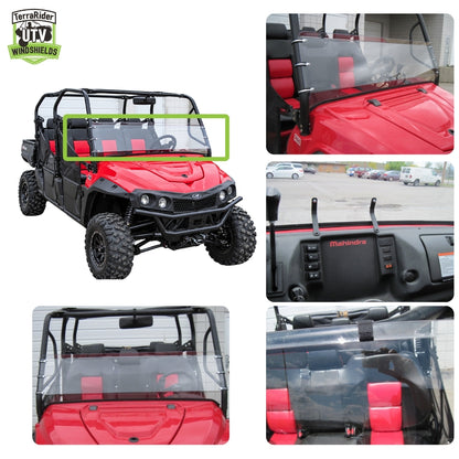 Close-up views of the mPACT XTV half windshield clamps and installed fit on the side-by-side roll cage