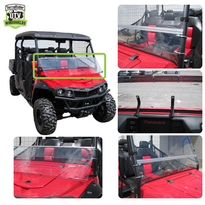 Close-up views of the mPACT XTV tilting windshield hinge and clamps and installed fit on the side-by-side roll cage. gallery-1