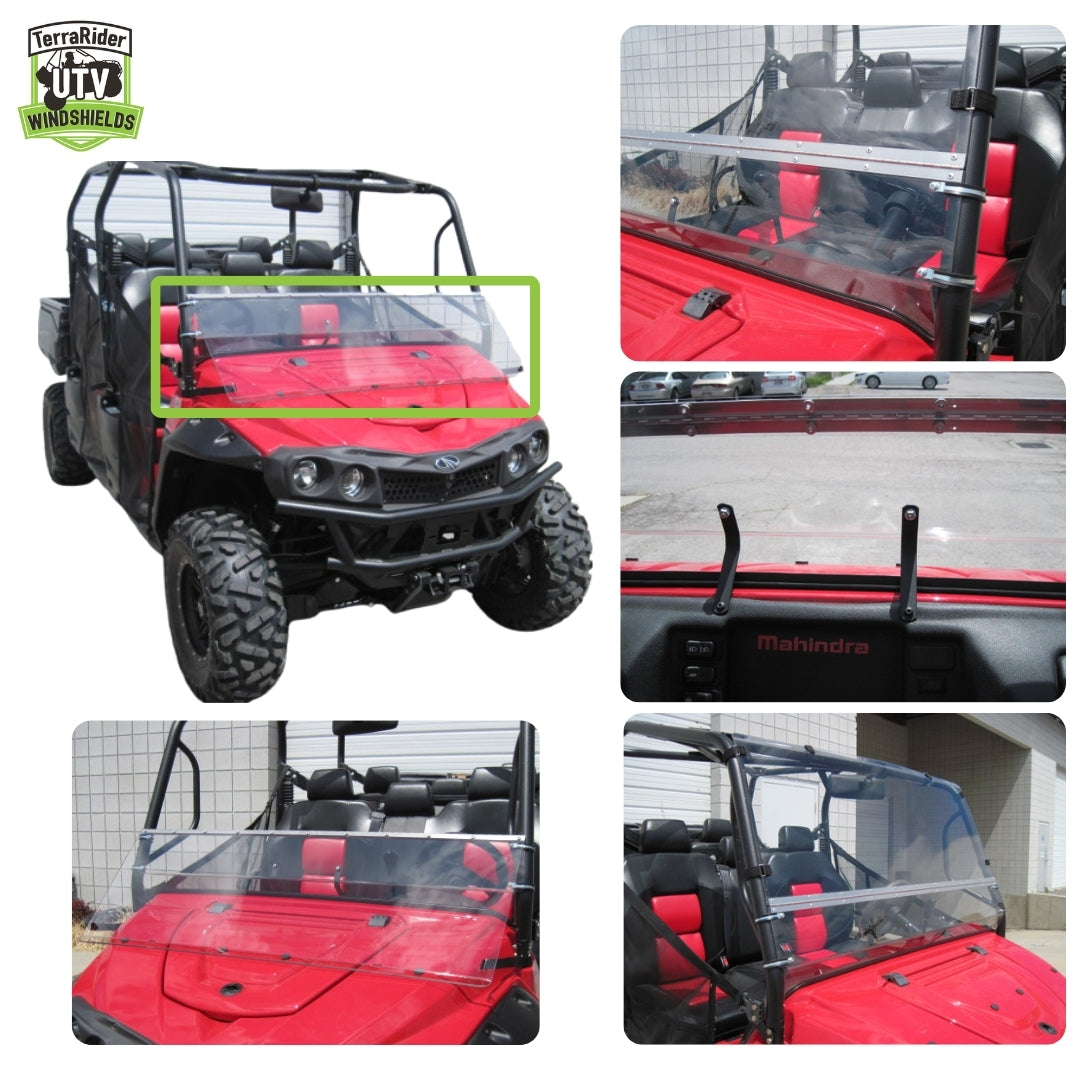 Close-up views of the mPACT XTV tilting windshield tilted open and latched on the side-by-side cage. gallery-2