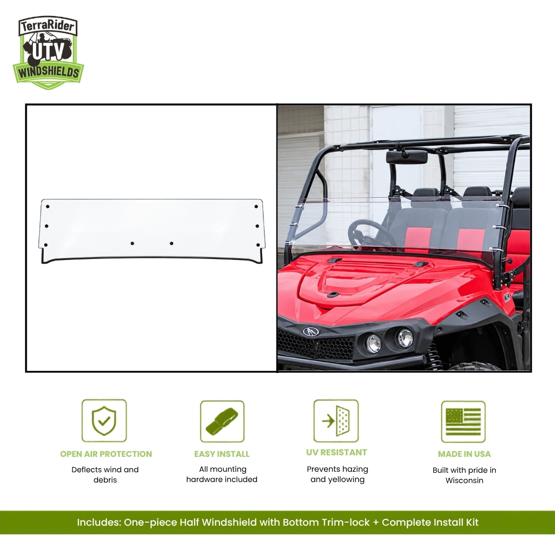 Mahindra mPACT XTV one-piece half windshield with bottom trim-lock, shown installed on a red mPACT