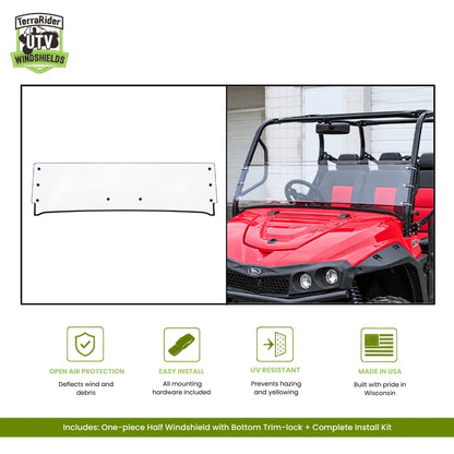 Mahindra mPACT XTV one-piece half windshield with bottom trim-lock, shown installed on a red mPACT