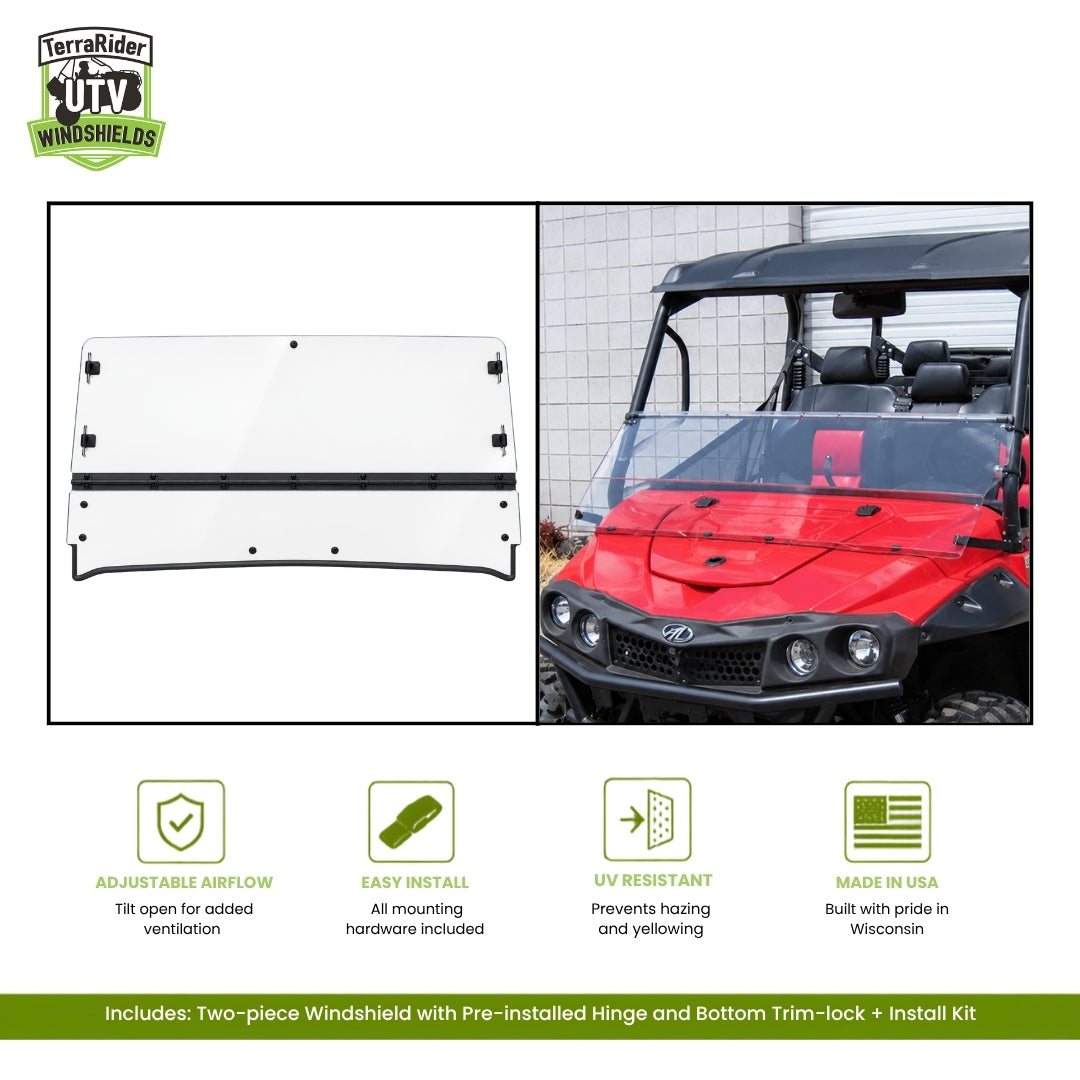 Mahindra mPACT XTV two-piece tilting windshield with pre-installed hinge and bottom trim-lock, shown with hard top on a red mPACT. gallery-1