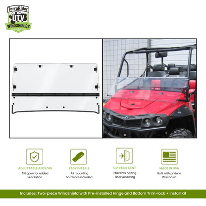 Mahindra mPACT XTV two-piece tilting windshield with pre-installed hinge and bottom trim-lock, shown with soft top on a red mPACT. gallery-2