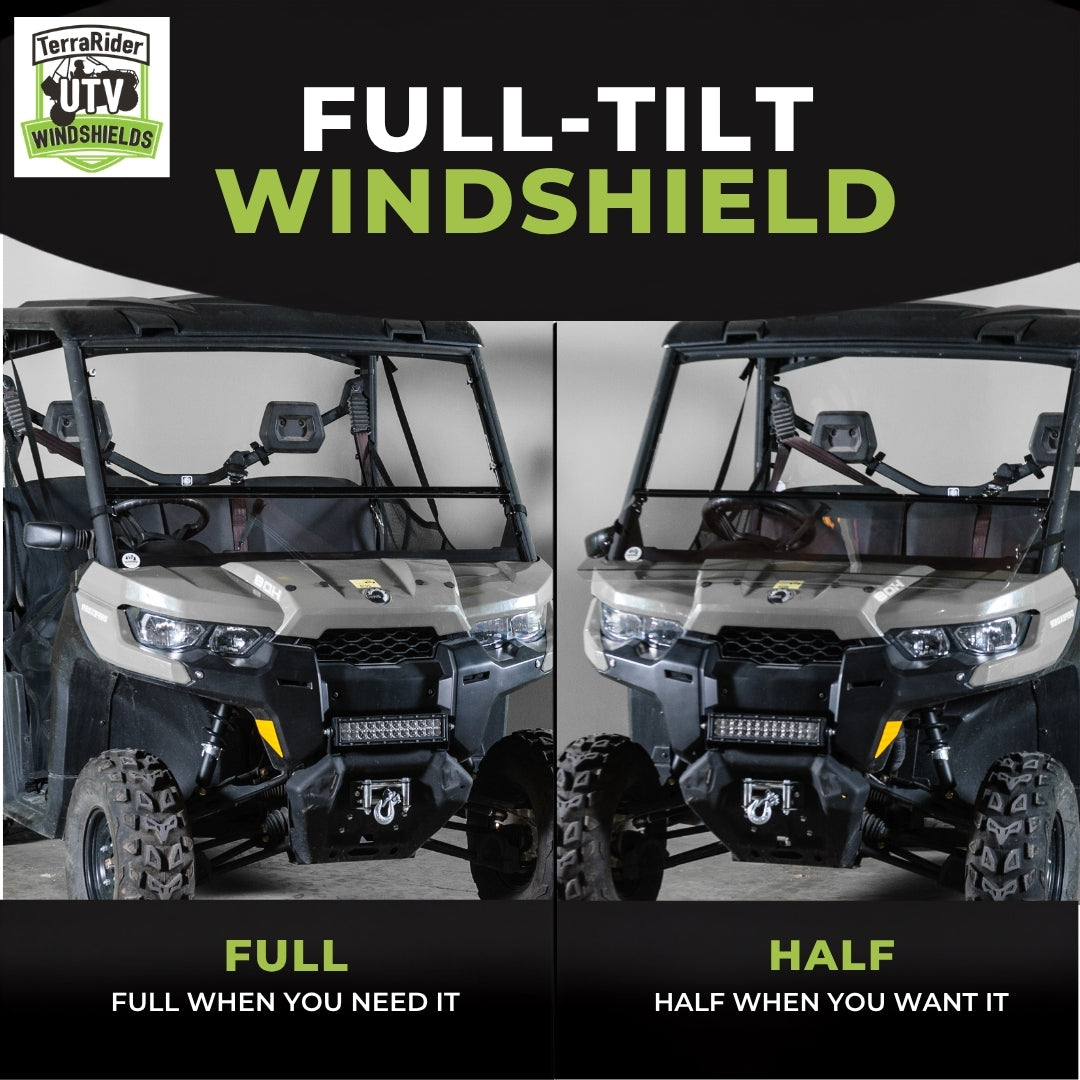 Full-tilt windshield shown in full upright position and half tilted position on a tan Can-Am Defender