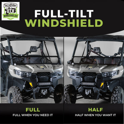 Full-tilt windshield shown in full upright position and half tilted position on a tan Can-Am Defender