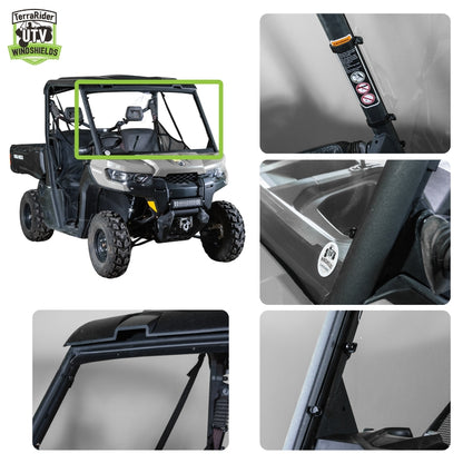 Close-up views of the Defender full windshield clamps and installed fit on the side-by-side roll cage