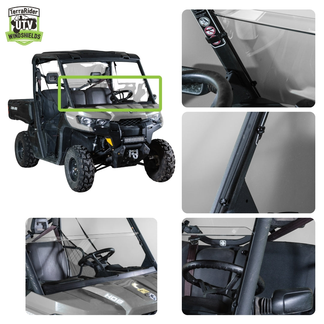 Close-up views of the Defender half windshield clamps and installed fit on the side-by-side roll cage