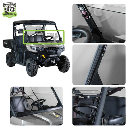 Close-up views of the Defender half windshield clamps and installed fit on the side-by-side roll cage