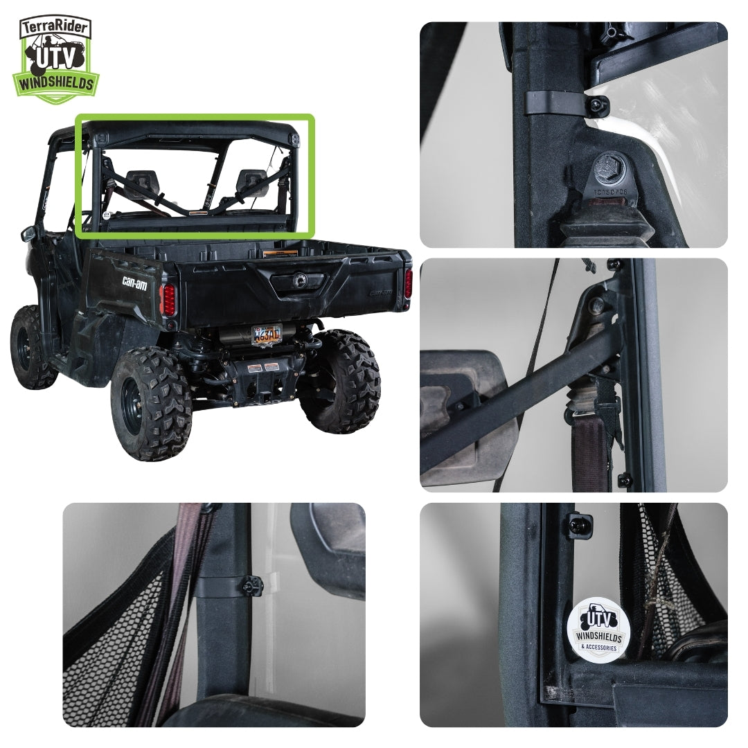Close-up views of the Defender rear windshield mounted behind the side-by-side cab and cargo bed