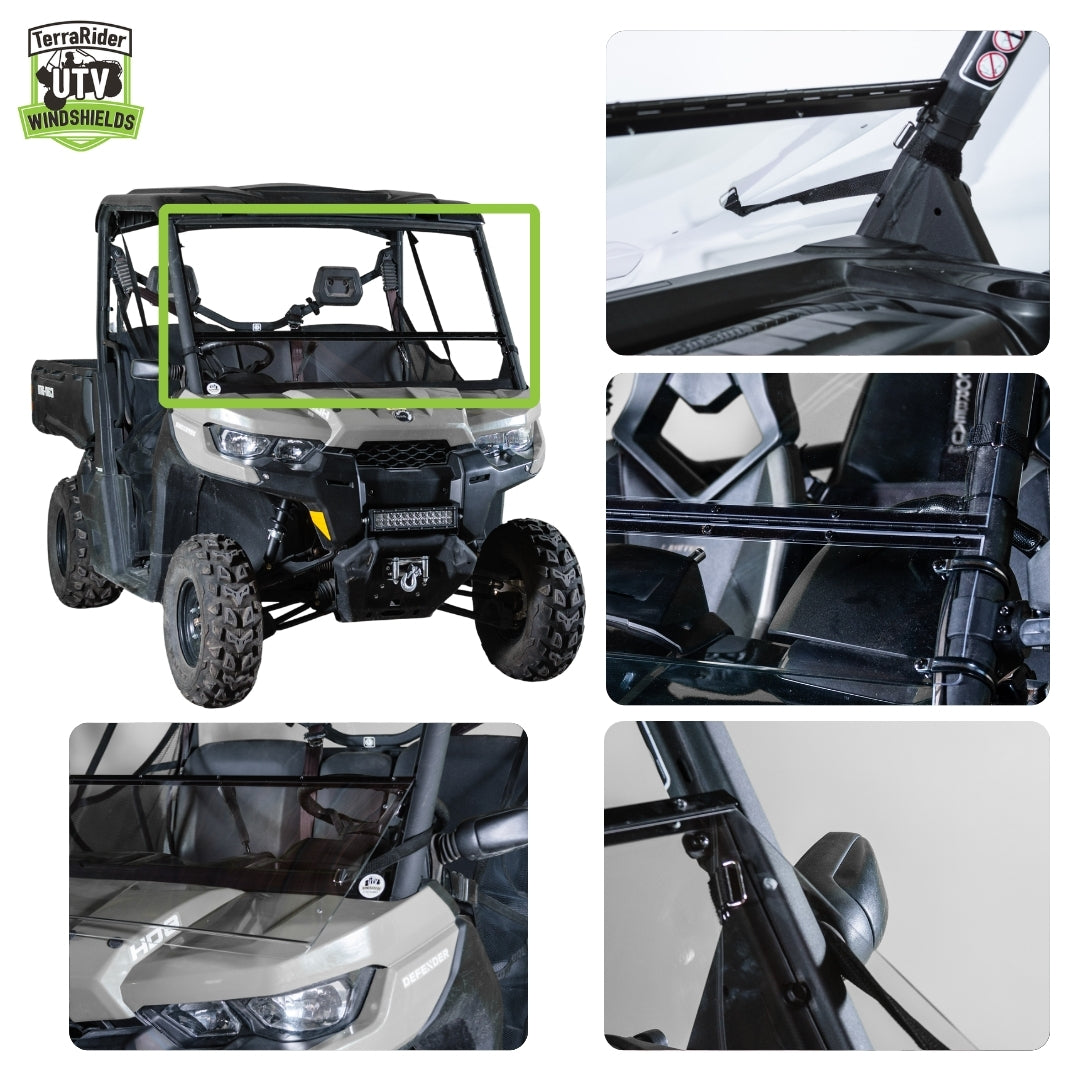 Close-up views of the Defender tilting windshield hinge and clamps on the side-by-side roll cage