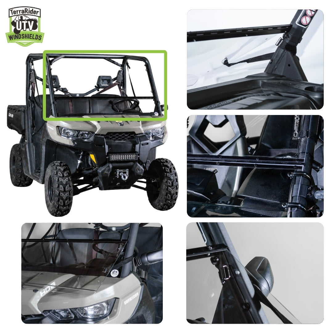 Close-up views of the Defender tilting windshield hinge and clamps on the side-by-side roll cage. gallery-2
