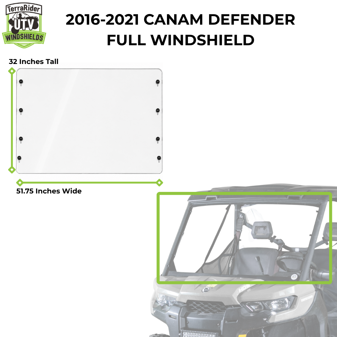 2016-2021 Can-Am Defender full windshield dimensions, 32 inches tall by 51.75 inches wide