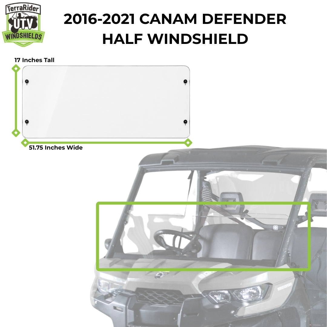 2016-2021 Can-Am Defender half windshield dimensions, 17 inches tall by 51.75 inches wide