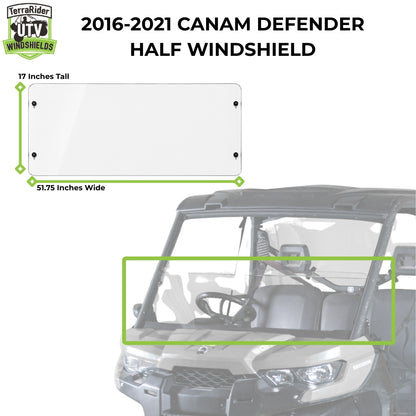 2016-2021 Can-Am Defender half windshield dimensions, 17 inches tall by 51.75 inches wide