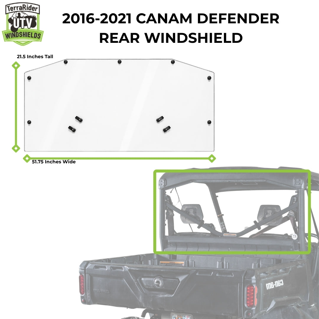 2016-2021 Can-Am Defender rear windshield dimensions, 21.5 inches tall by 51.75 inches wide