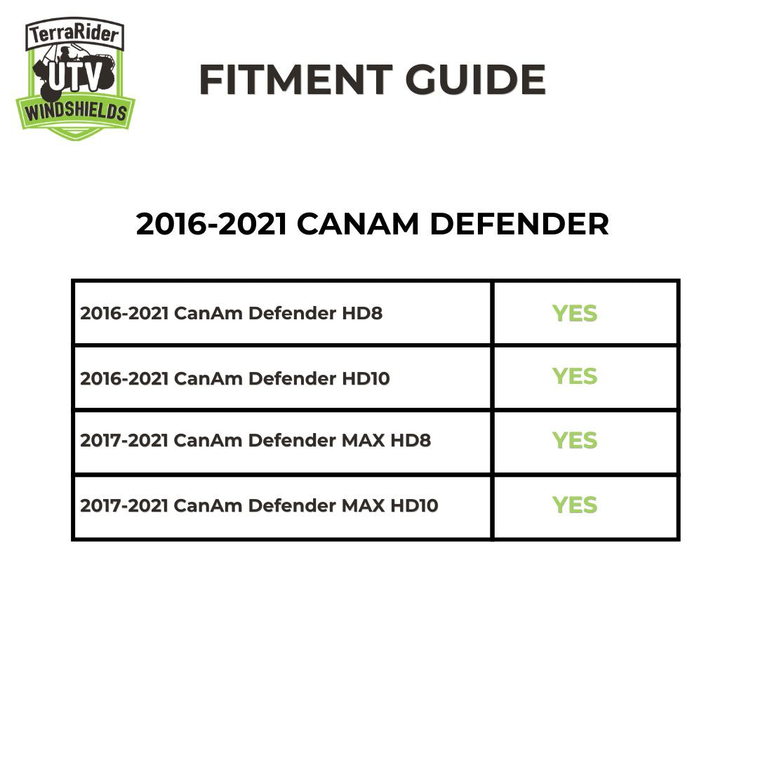 Fitment guide for 2016-2021 Can-Am Defender HD8 and HD10 and 2017-2021 Defender MAX HD8 and MAX HD10