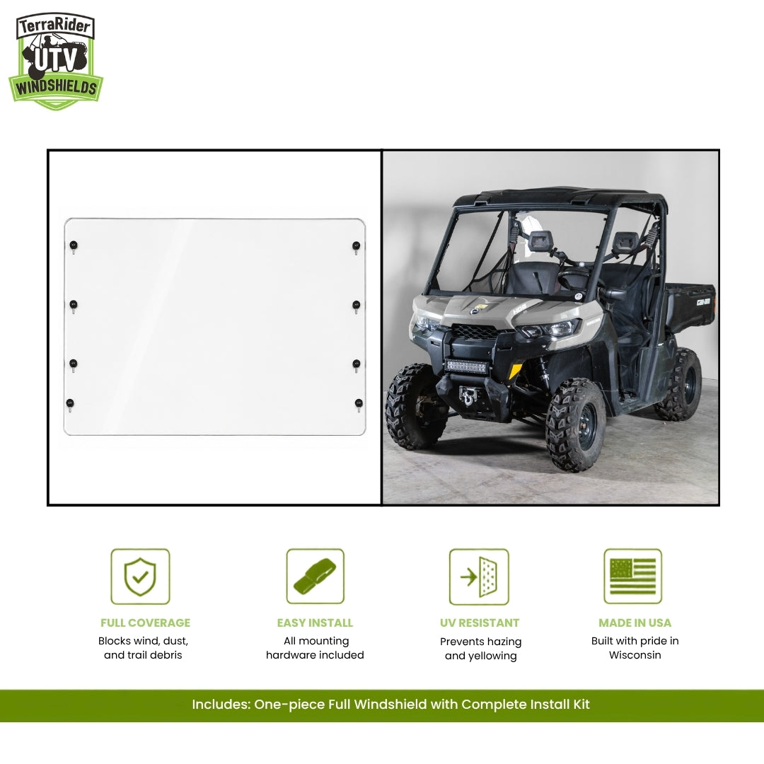 Can-Am Defender one-piece full windshield, shown installed on a tan Defender