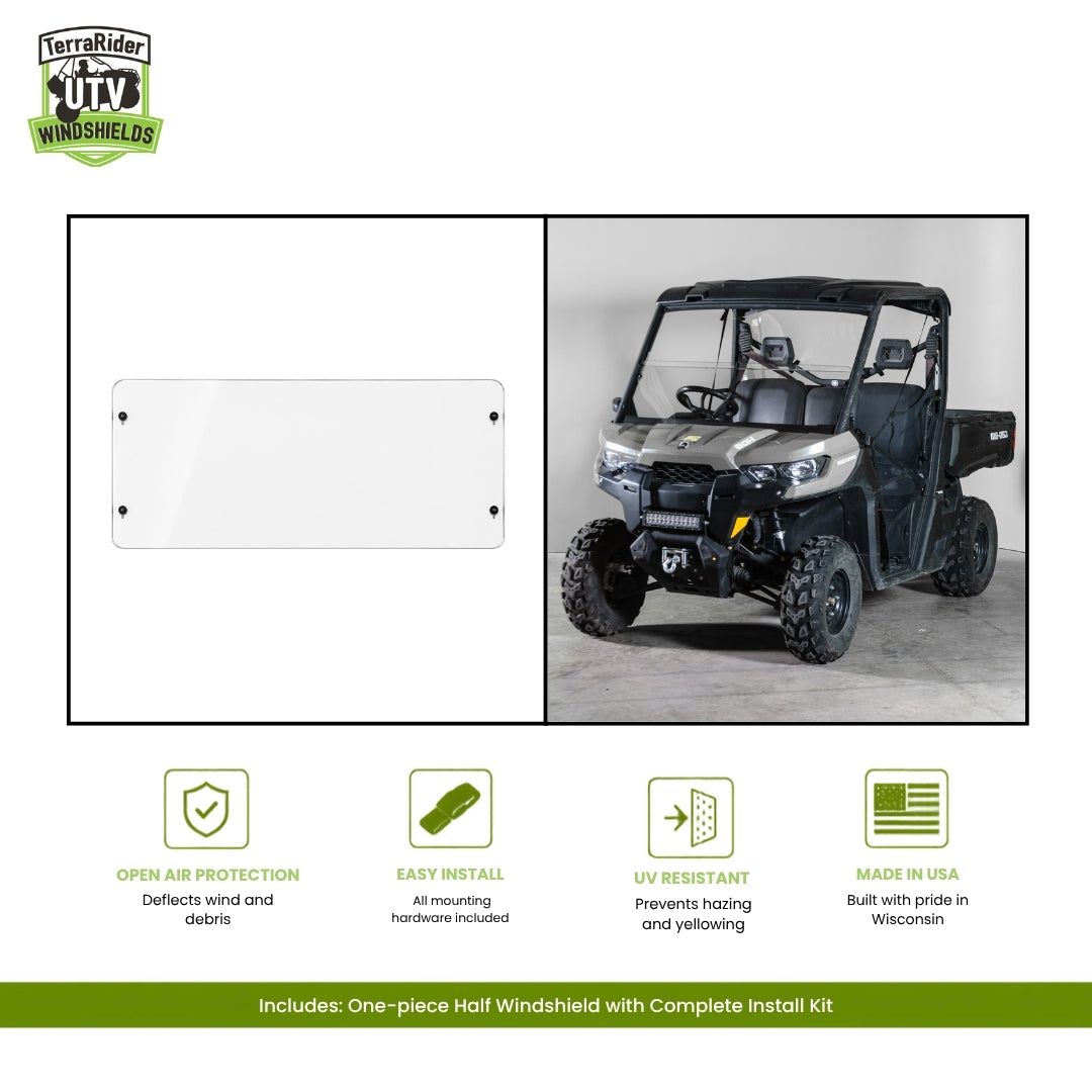 Can-Am Defender one-piece half windshield, shown installed on a tan Defender