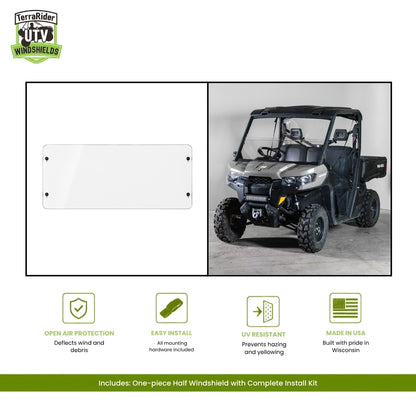 Can-Am Defender one-piece half windshield, shown installed on a tan Defender