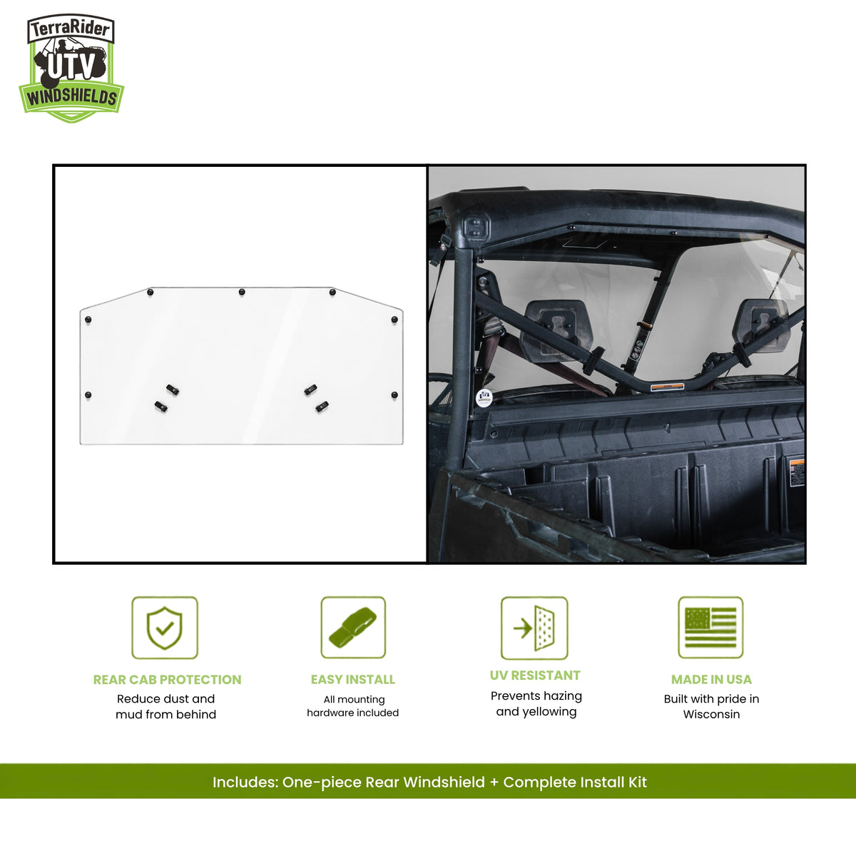 Can-Am Defender one-piece rear windshield, shown installed behind the cab of a Defender
