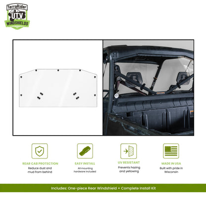 Can-Am Defender one-piece rear windshield, shown installed behind the cab of a Defender