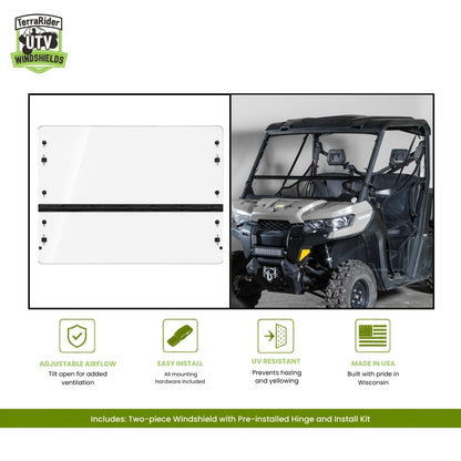Can-Am Defender two-piece tilting windshield with pre-installed hinge, shown installed on a tan Defender with hard top