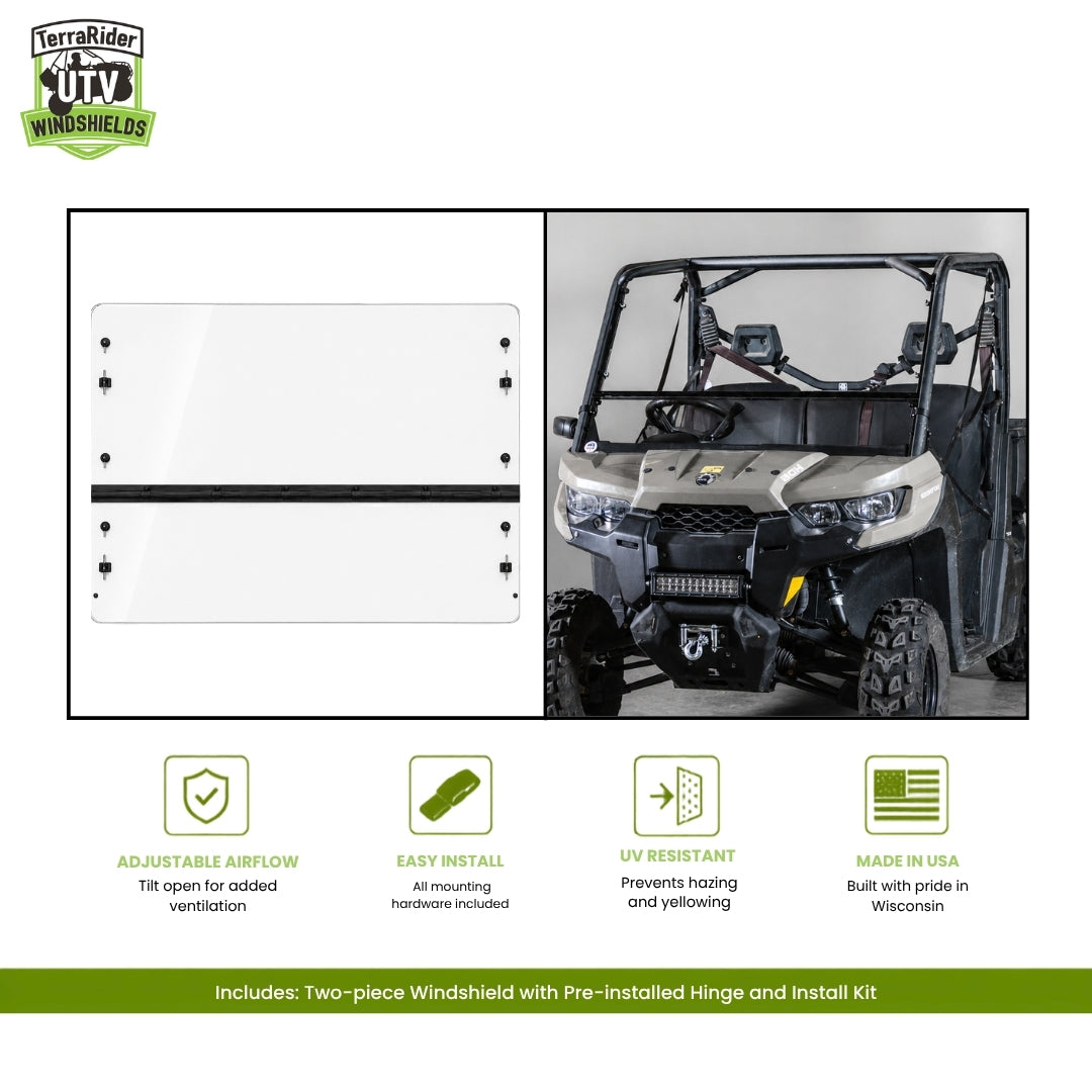 Can-Am Defender two-piece tilting windshield with pre-installed hinge, shown installed on a tan Defender with no top
