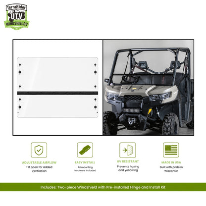 Can-Am Defender two-piece tilting windshield with pre-installed hinge, shown installed on a tan Defender with no top