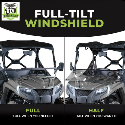 Full-tilt windshield shown in full upright position and half tilted position on a gray Arctic Cat Prowler
