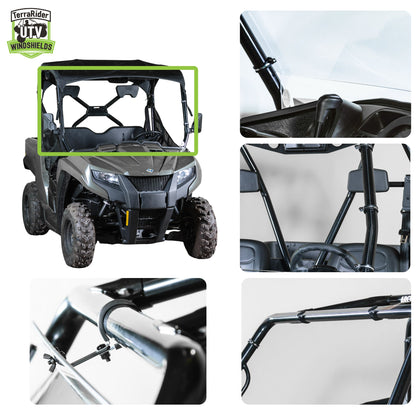 Close-up views of the Prowler 500 full windshield clamps and installed fit on the side-by-side roll cage