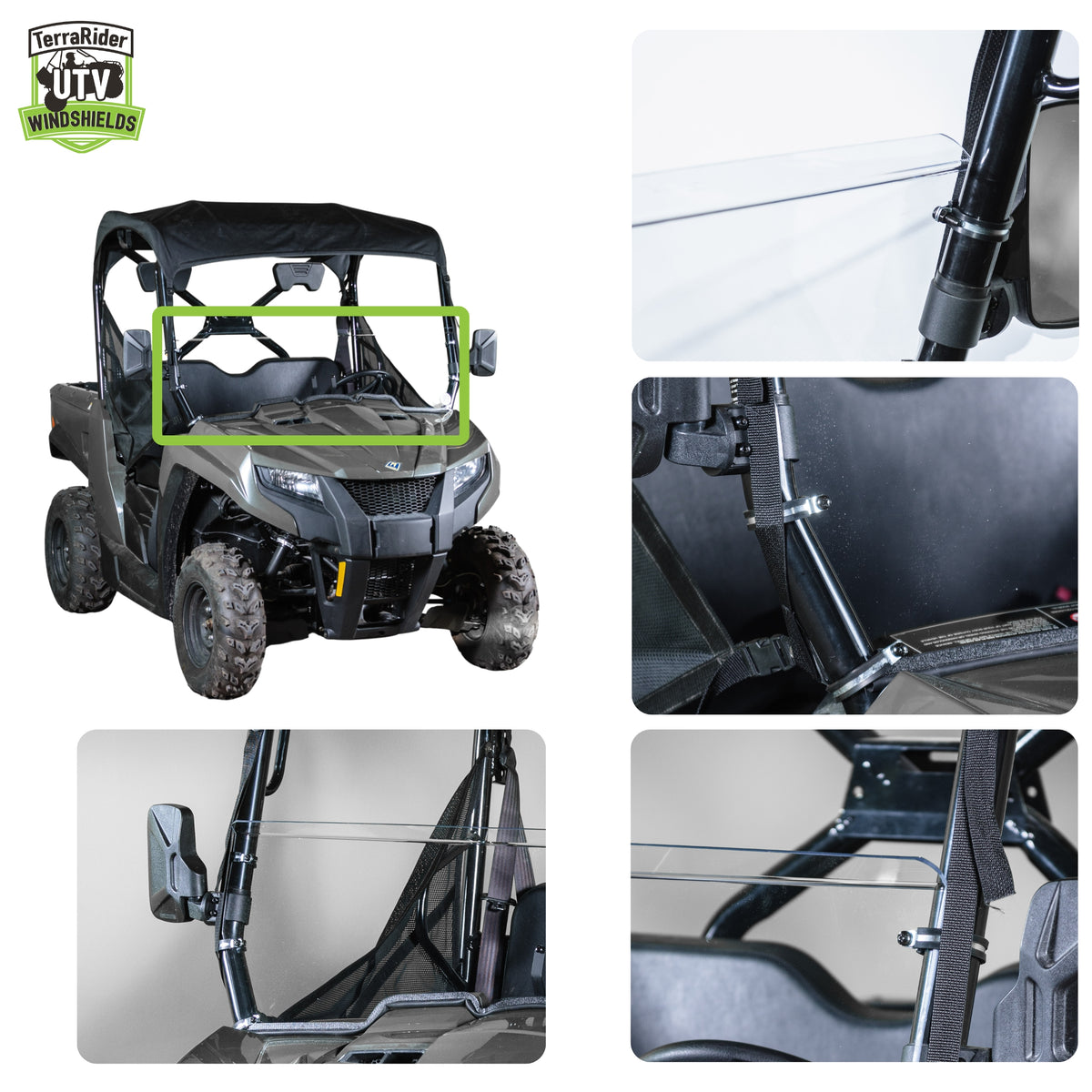 Close-up views of the Prowler 500 half windshield clamps and installed fit on the side-by-side roll cage