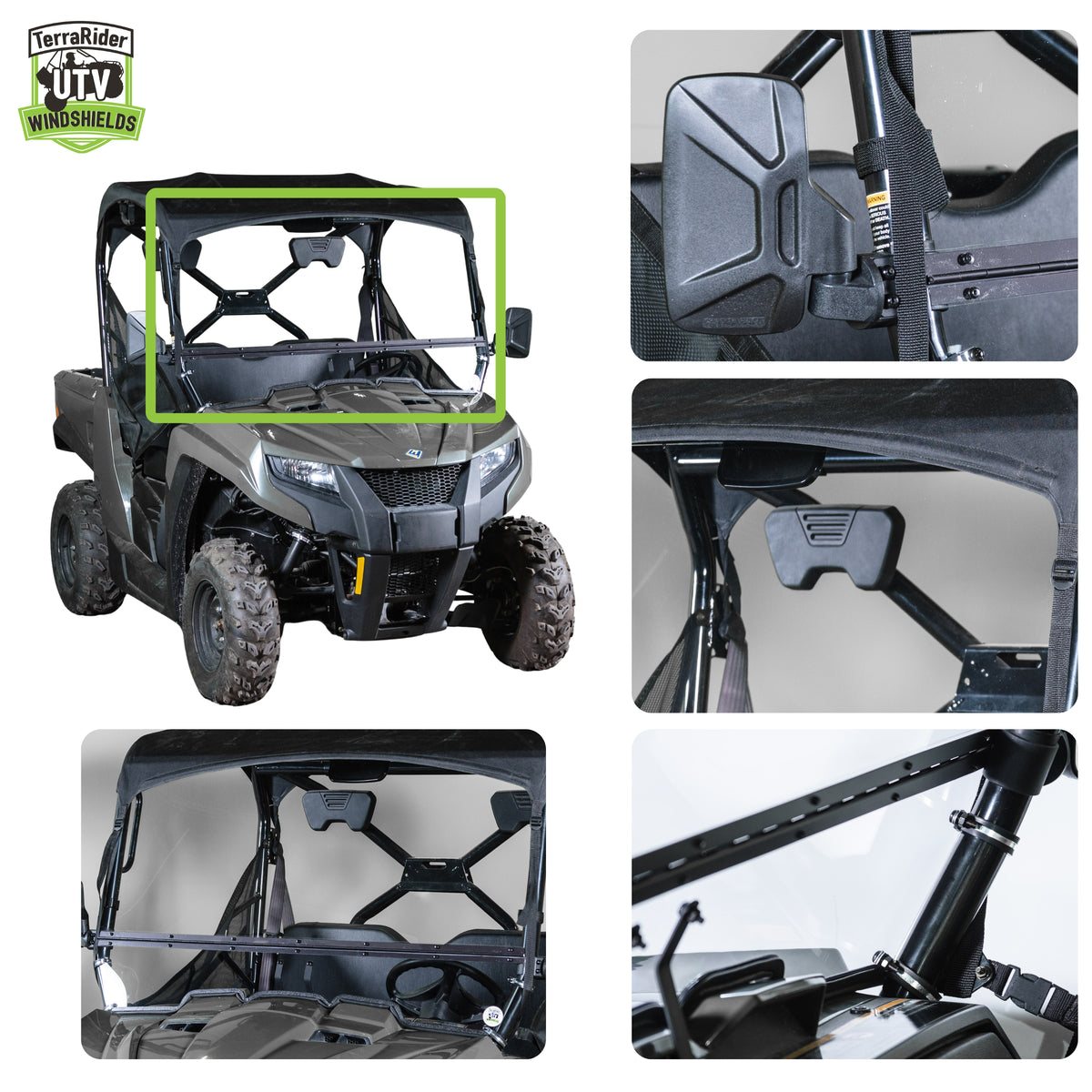 Close-up views of the Prowler 500 tilting windshield hinge and clamps on the side-by-side roll cage