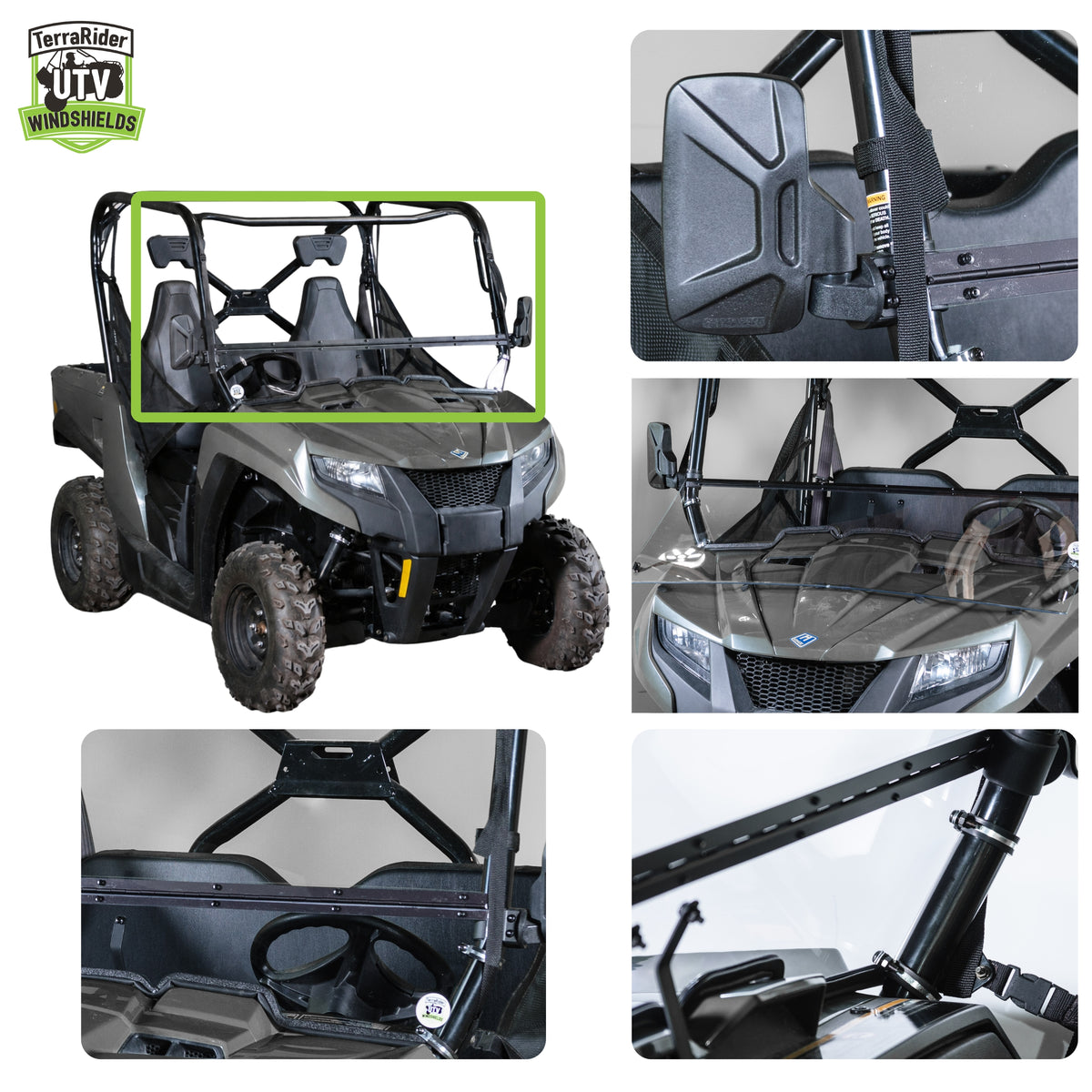 Close-up views of the Prowler 500 tilting windshield hinge and clamps on the side-by-side roll cage. gallery-2