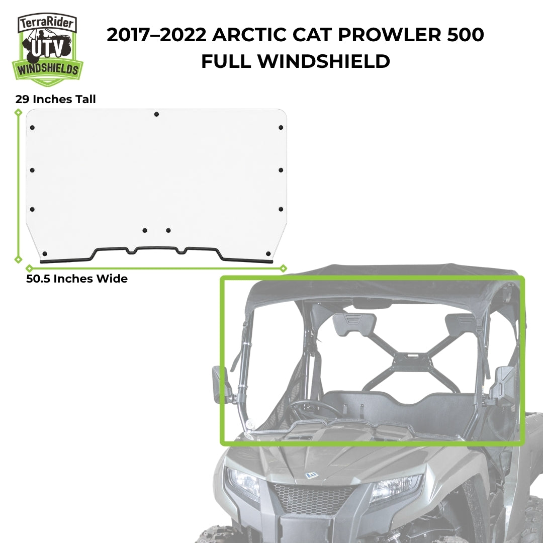 2017-2022 Arctic Cat Prowler 500 full windshield dimensions, 29 inches tall by 50.5 inches wide