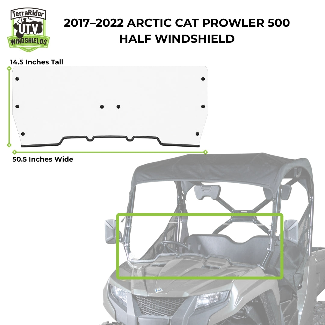 2017-2022 Arctic Cat Prowler 500 half windshield dimensions, 14.5 inches tall by 50.5 inches wide
