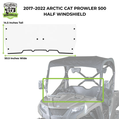 2017-2022 Arctic Cat Prowler 500 half windshield dimensions, 14.5 inches tall by 50.5 inches wide