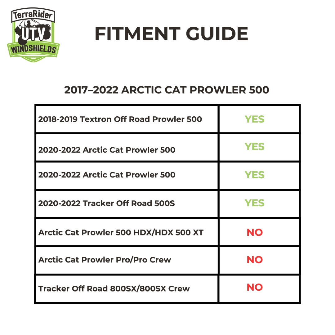 Fitment guide for 2017-2022 Arctic Cat Prowler 500, Textron Off Road 500 and Tracker Off Road 500S