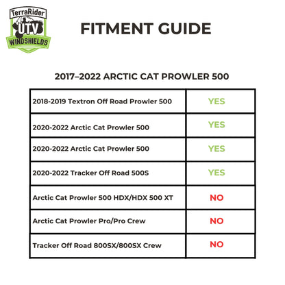 Fitment guide for 2017-2022 Arctic Cat Prowler 500, Textron Off Road 500 and Tracker Off Road 500S